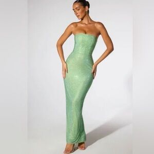 Oh Polly Embellished Strapless Evening Gown in Sage Green